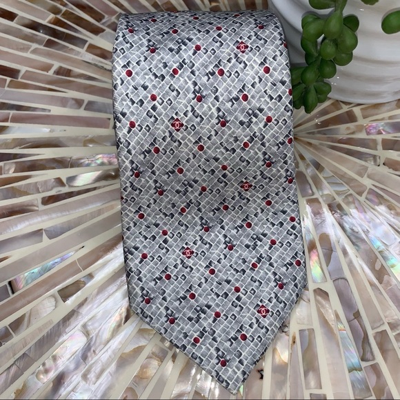 CHANEL 100% Silk Tie CC Logo Tie — Gray/Red/Black - Picture 2 of 14